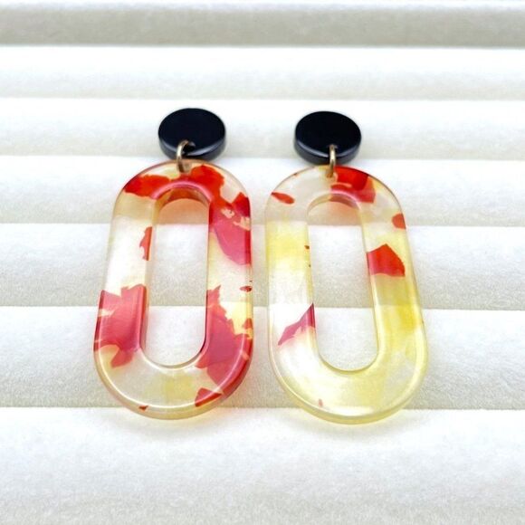 Black with Red and Yellow Marble Swirl Acrylic Open Oval Hoop Post Back Earrings - Picture 4 of 9